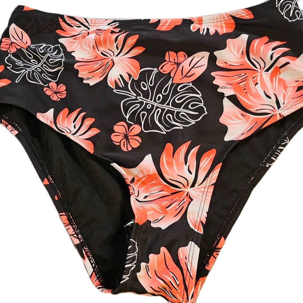 Swimsuit SZ M Womens Black High-Cut High-Waisted Tropical Print Bikini Bottoms